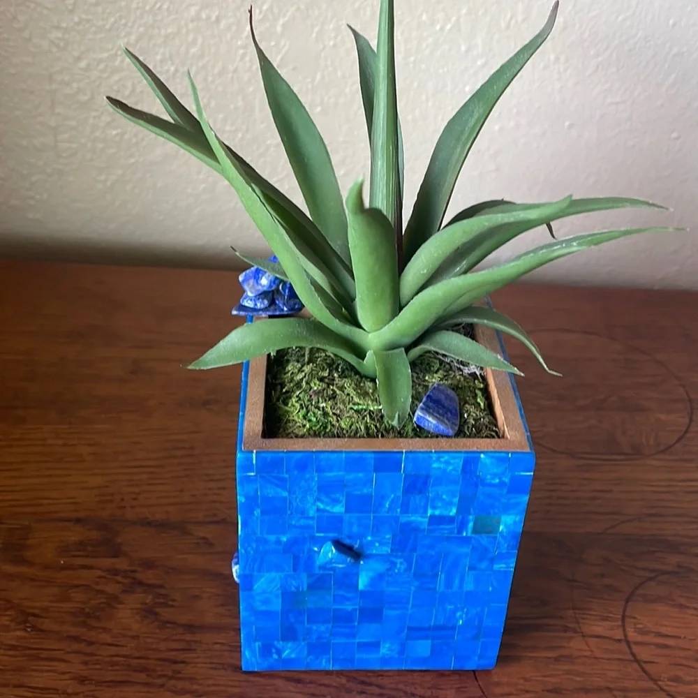 Faux succulent in deep blue dyed shell mosaic cube.